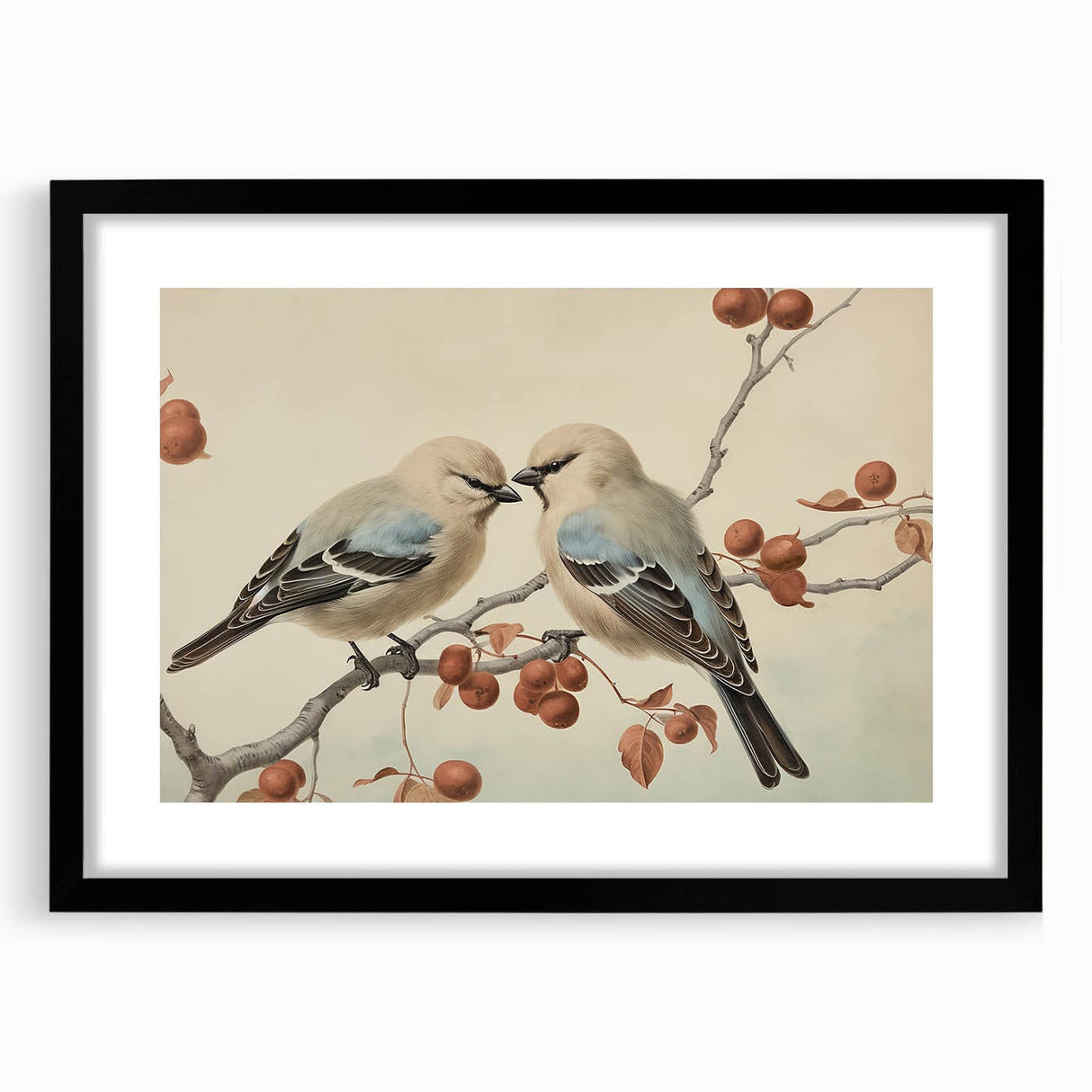 Vintage Animal Art: Birds on Branch Illustration Print