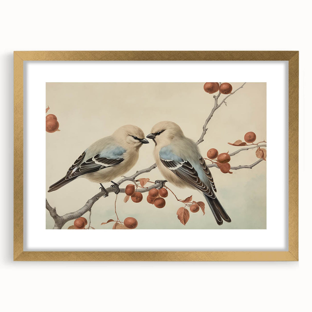 Vintage Animal Art: Birds on Branch Illustration Print