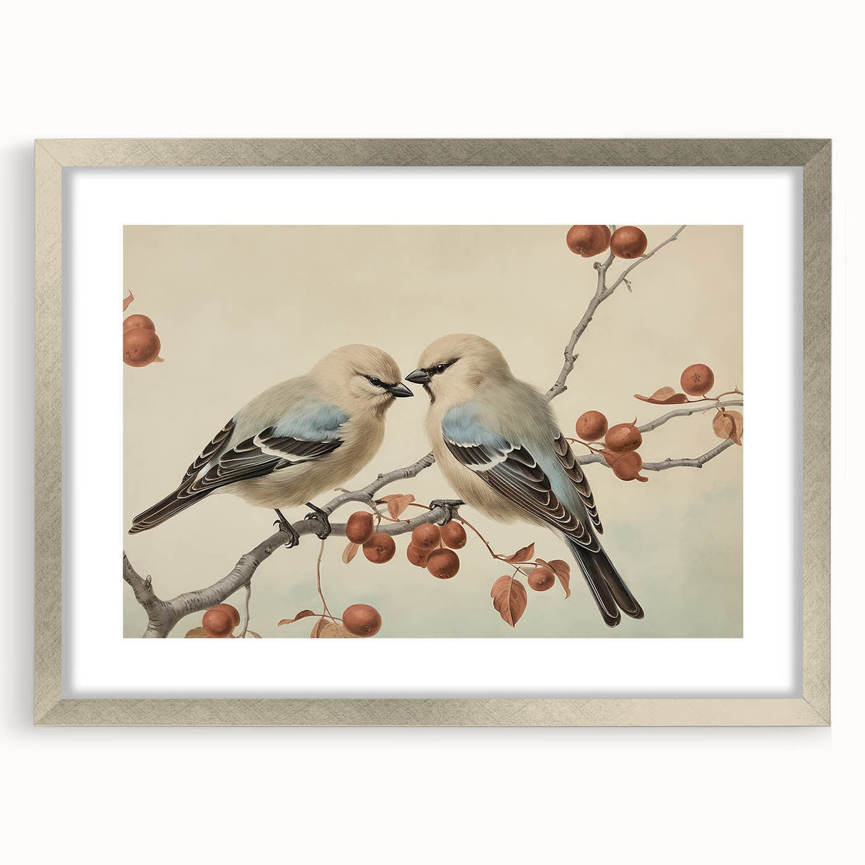 Vintage Animal Art: Birds on Branch Illustration Print
