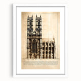 Abstract art print featuring geometric shapes in muted gray and blue tones on a white framed canvas.