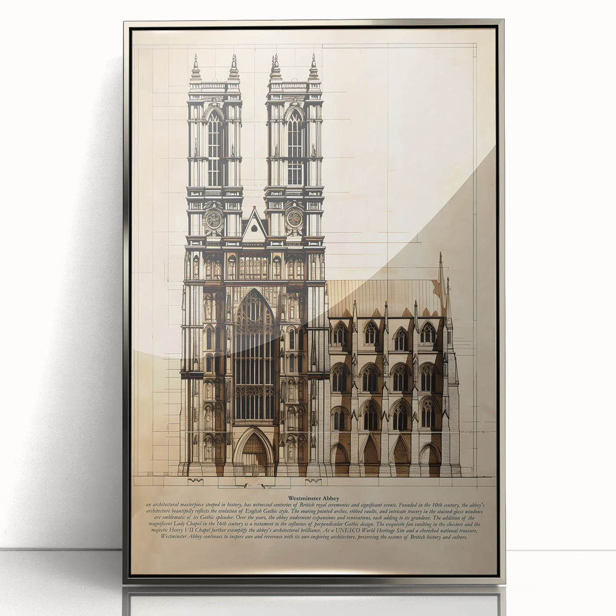 Mid-century modernist art depicting architectural designs in muted tones on a silver-framed acrylic print.
