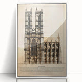 Art deco poster featuring geometric shapes in muted gold and blue, acrylic print framed in white.