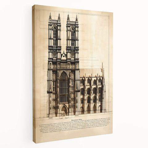 A large canvas print featuring a detailed architectural design in monochrome shades, suitable for kitchen wall art.