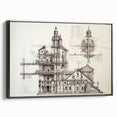 Black and white vintage poster art of an architectural landscape on framed canvas, ideal for bedroom wall decor.