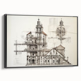 Black and white vintage poster art of an architectural landscape on framed canvas, ideal for bedroom wall decor.