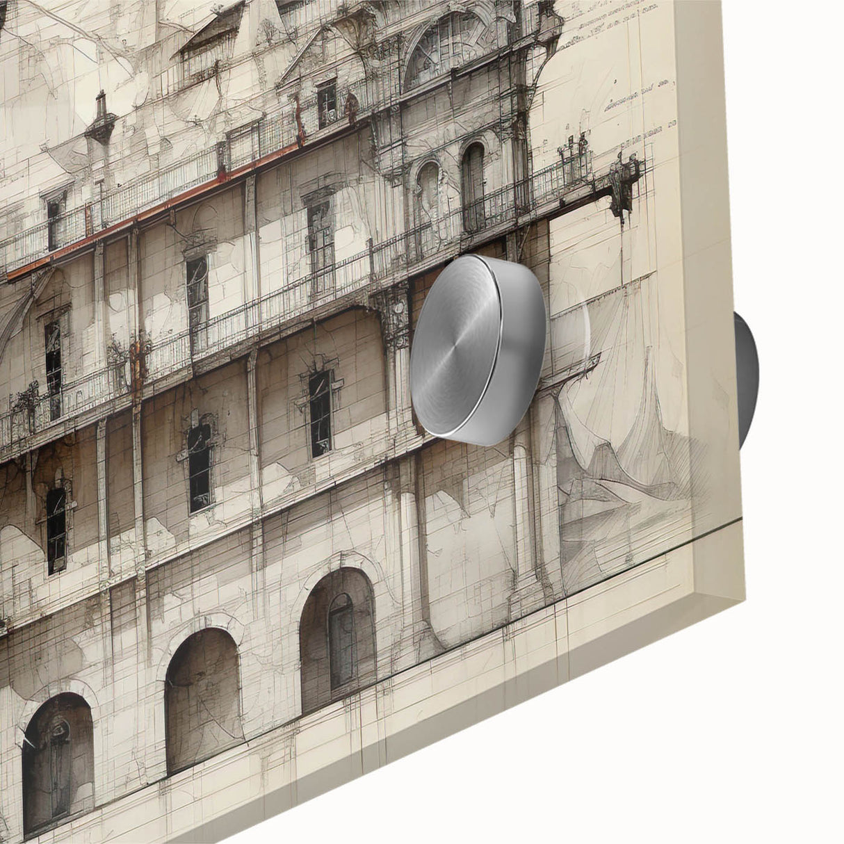 Large abstract wall art in mid-century modernist style on acrylic glass, featuring geometric shapes in muted tones.