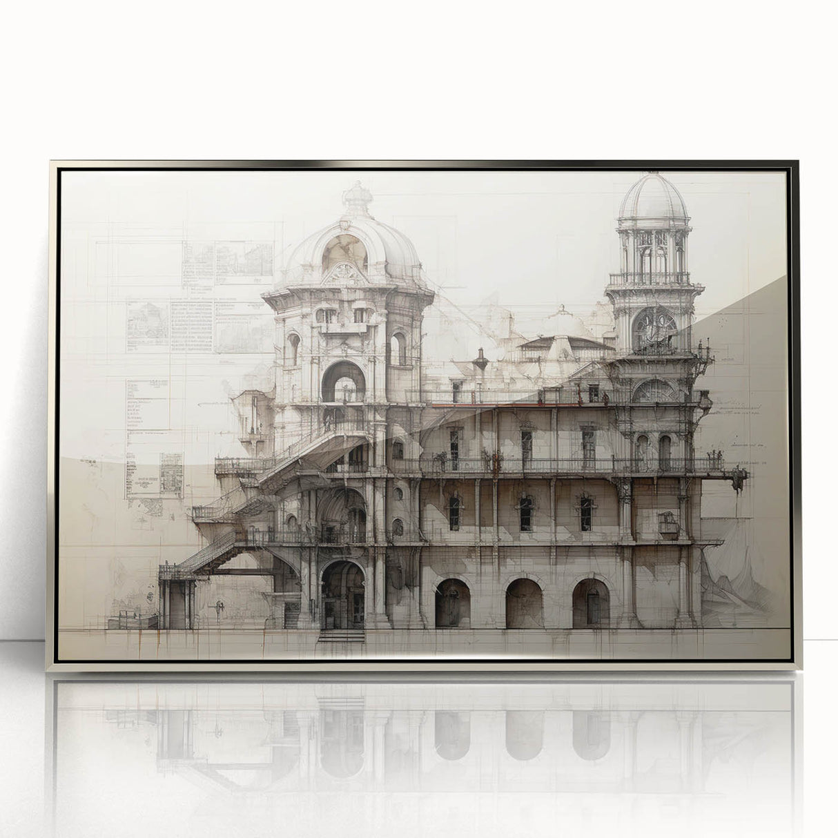 Art Deco poster featuring a geometric architectural design in silver and black tones, framed in acrylic.