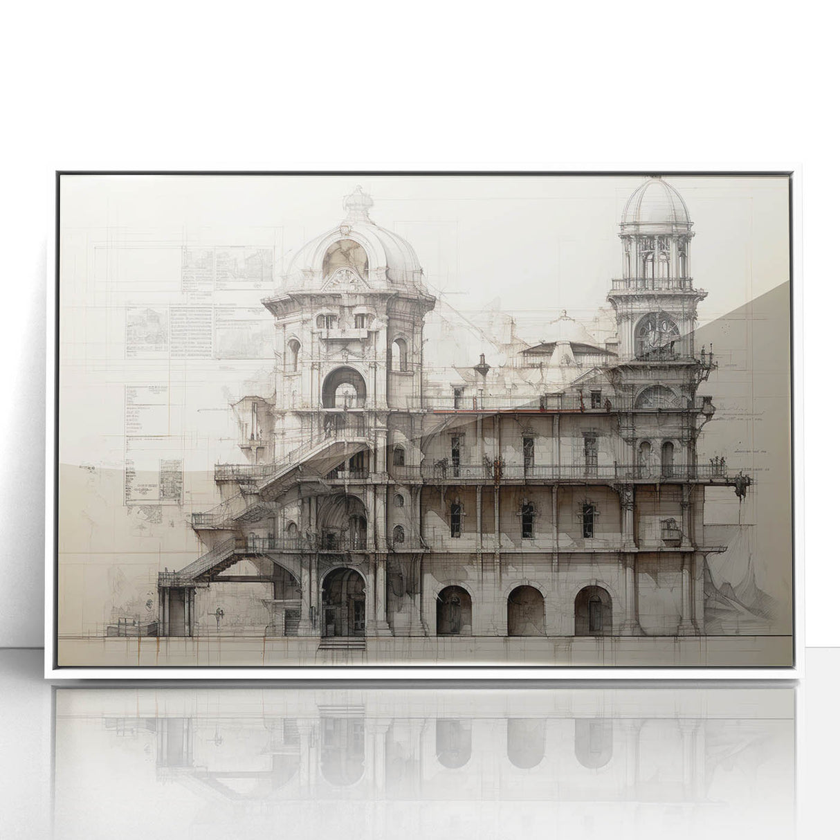 Mid-century modernist architectural design in muted earth tones on a framed acrylic print.