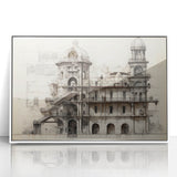 Mid-century modernist architectural design in muted earth tones on a framed acrylic print.