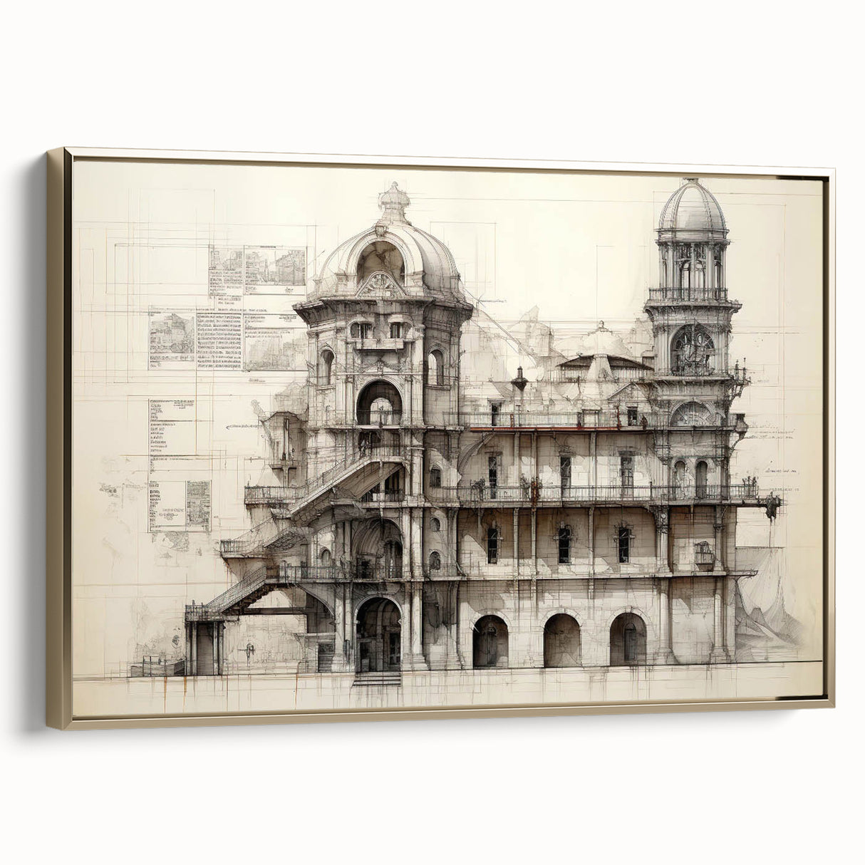 Framed canvas featuring a vintage poster art-style landscape painting in black and gold, ideal for bedroom wall decor.