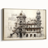 Framed canvas featuring a vintage poster art-style landscape painting in black and gold, ideal for bedroom wall decor.