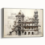 Framed canvas of a black and colorful vintage landscape art painting, ideal for office decor.