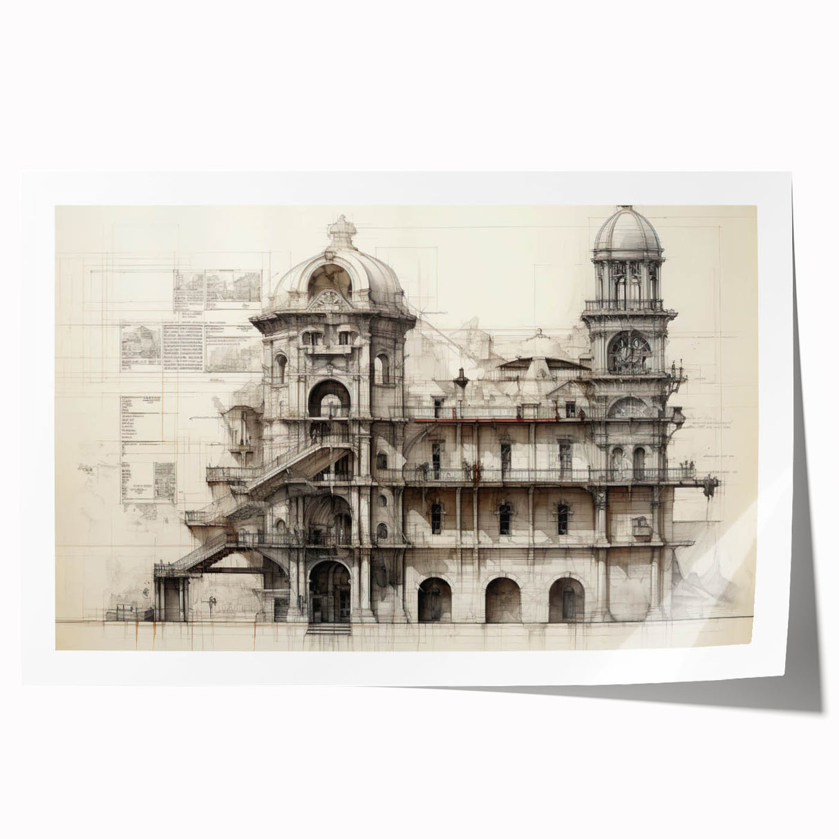 Extra large rolled print featuring a detailed architectural design in muted earth tones, ideal for art wall dining room.