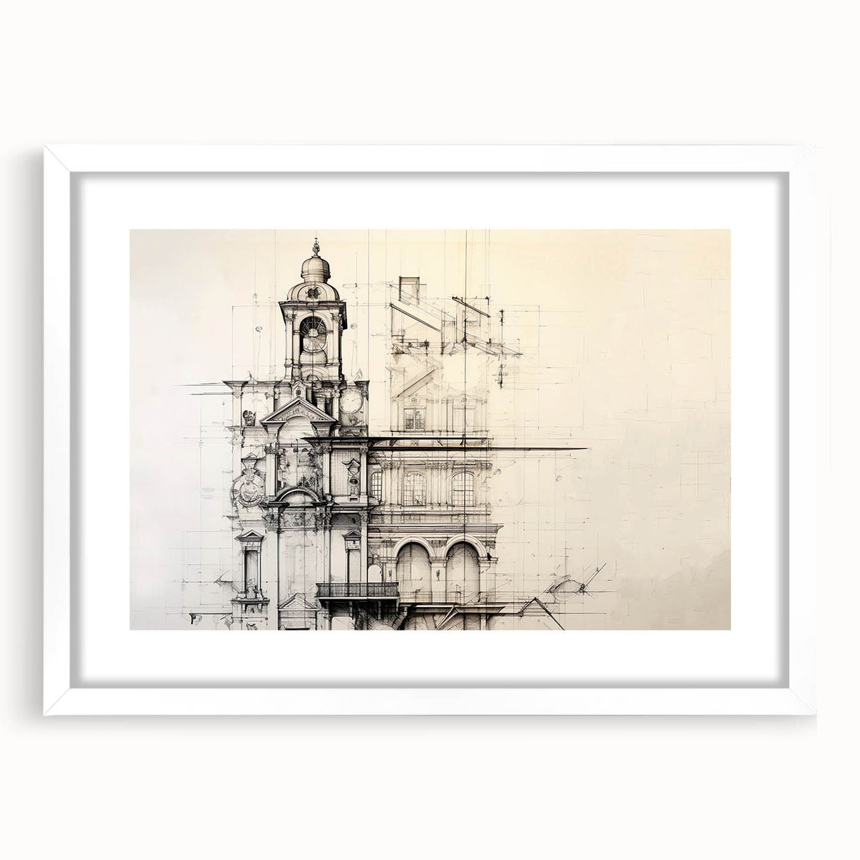 Architectural Wall Art - Vintage Clock Tower Illustration