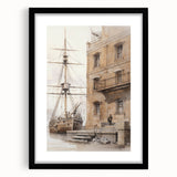 Architectural Wall Art: Historic Dock and Ship Illustration
