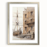 Architectural Wall Art: Historic Dock and Ship Illustration