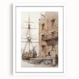 Architectural Wall Art: Historic Dock and Ship Illustration