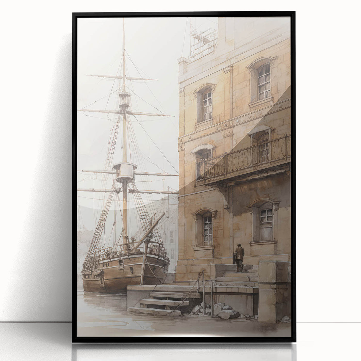 Architectural Wall Art: Historic Dock and Ship Illustration