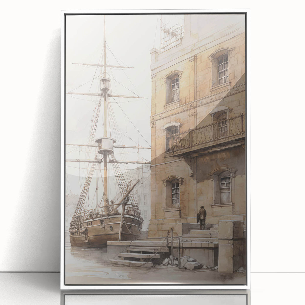 Architectural Wall Art: Historic Dock and Ship Illustration