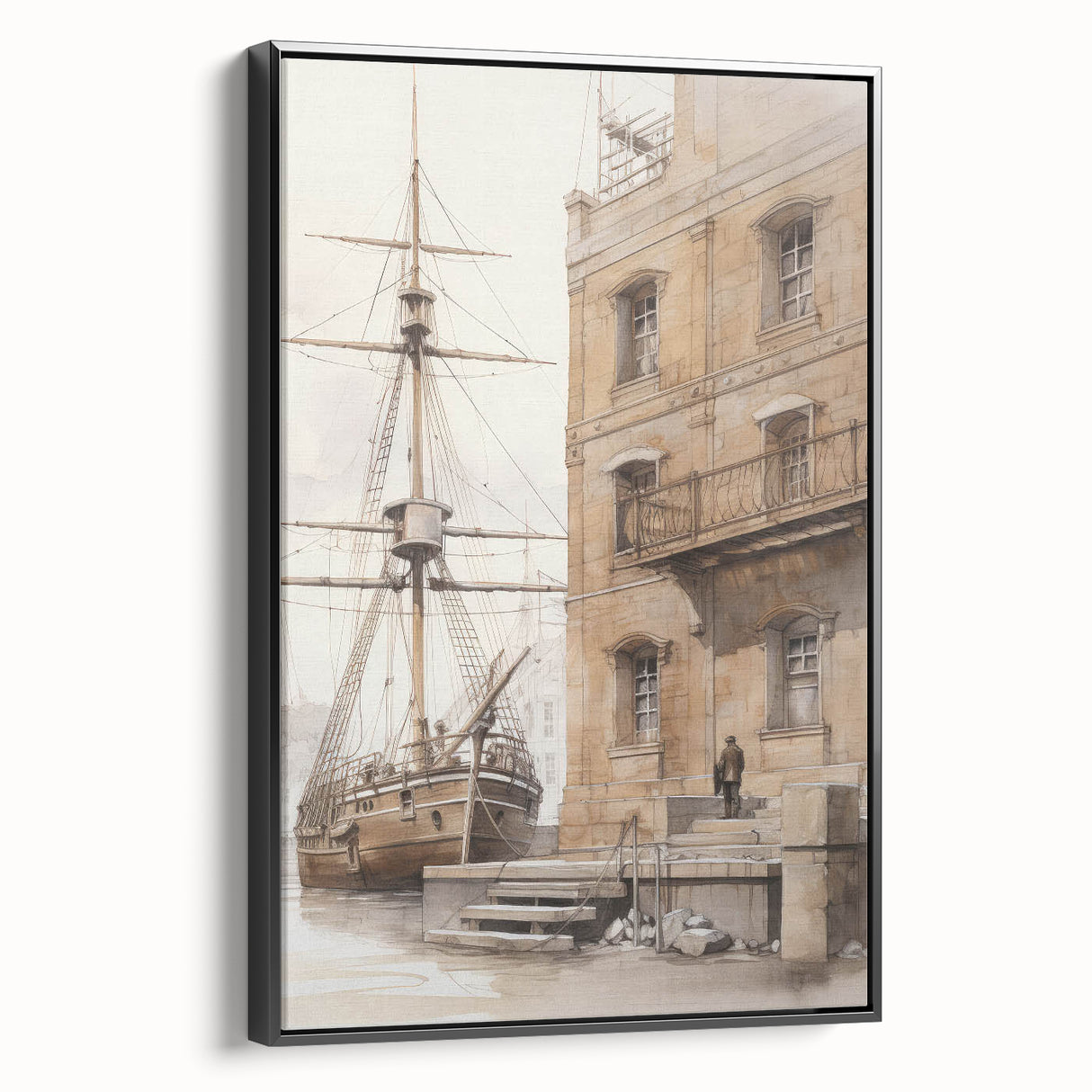 Architectural Wall Art: Historic Dock and Ship Illustration