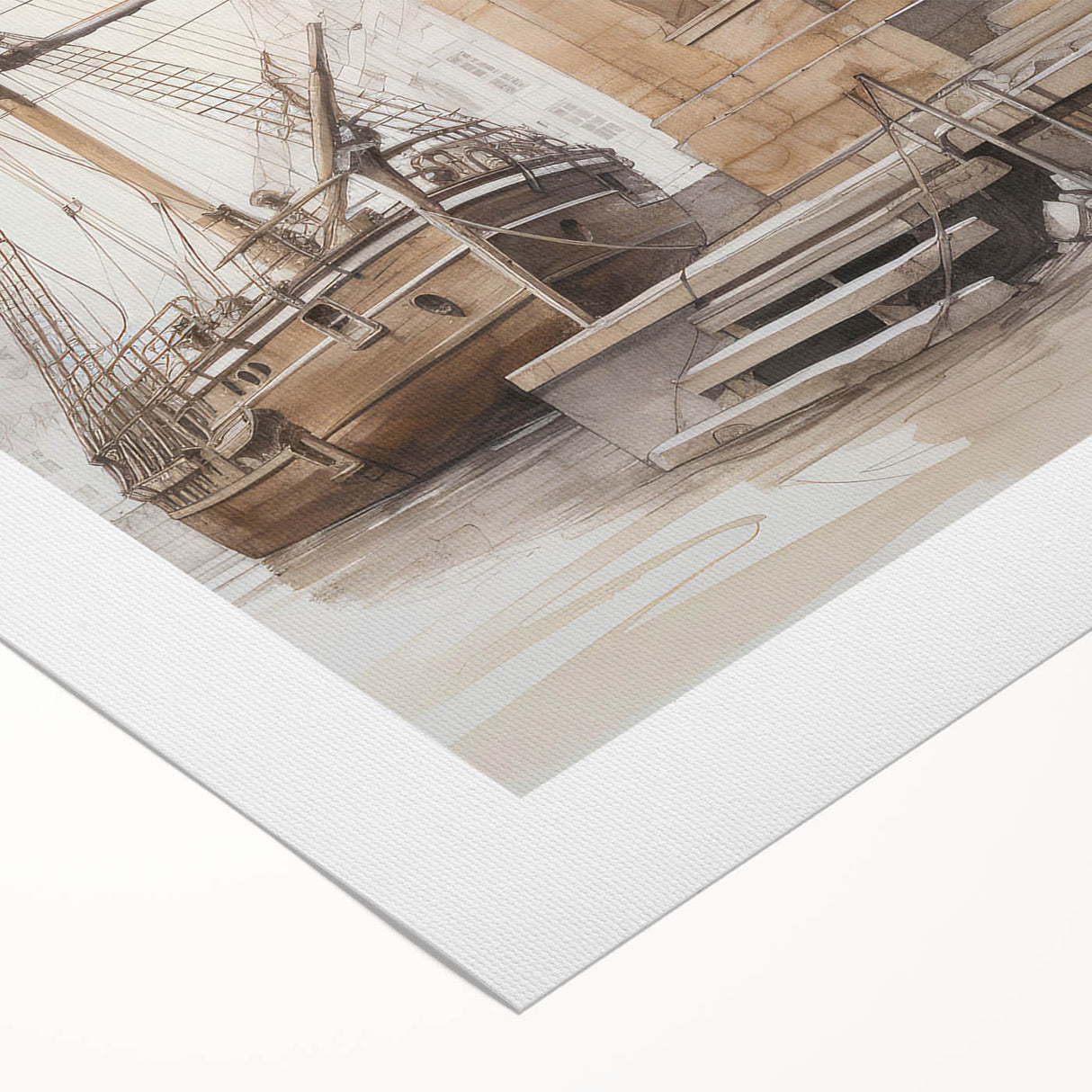 Architectural Wall Art: Historic Dock and Ship Illustration