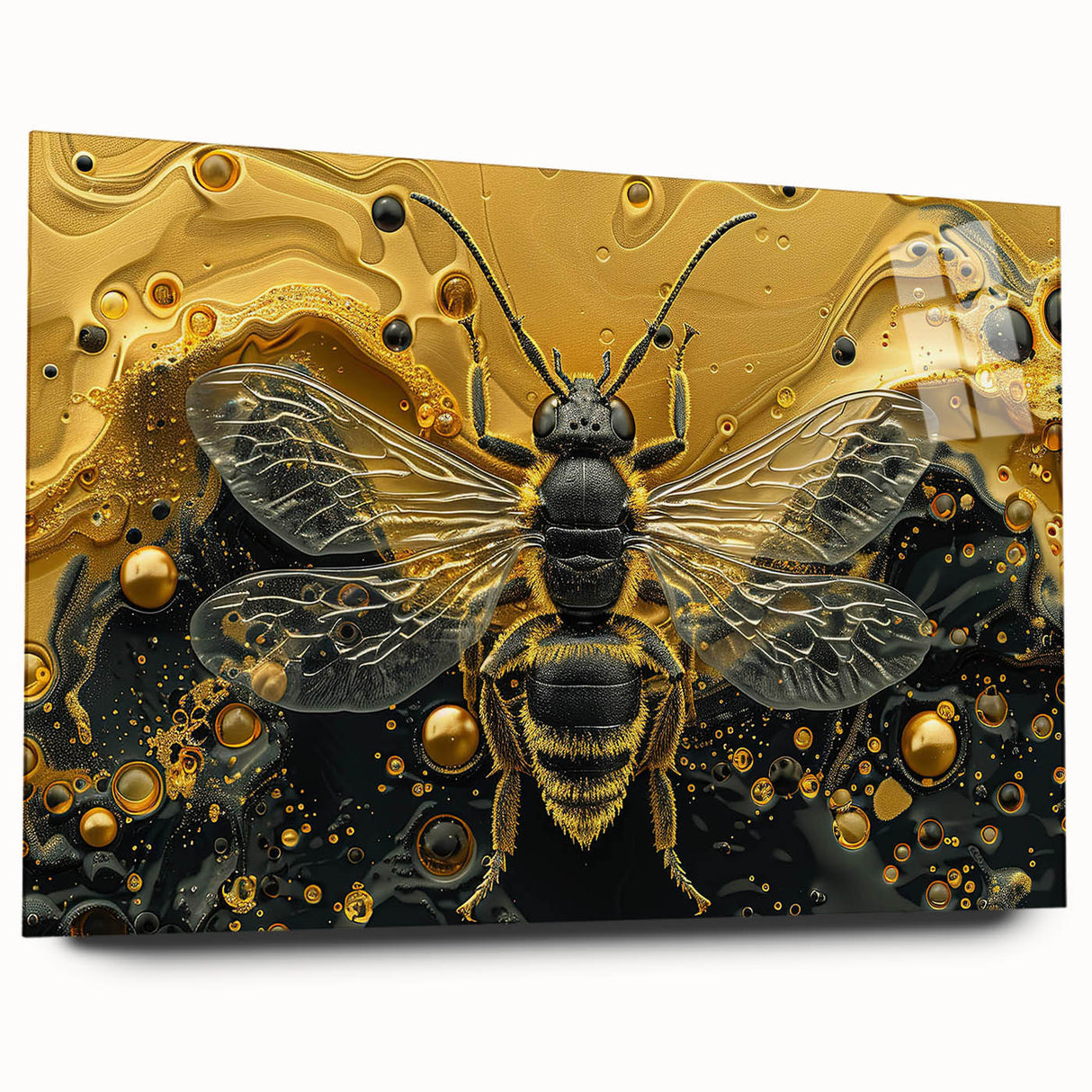Acrylic glass wall art featuring a vibrant design of bees and arachnids, displayed in a side view. Ideal for insect lovers, enhancing home decor with nature-inspired aesthetics.