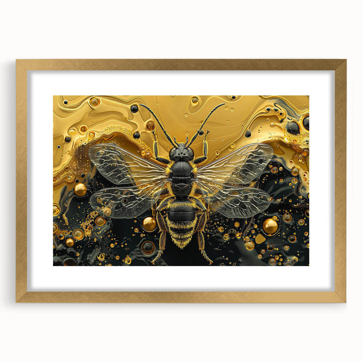 Framed wall art featuring a detailed design of bees and arachnids, showcasing intricate illustrations on a gold mat, perfect for nature enthusiasts and home decor.