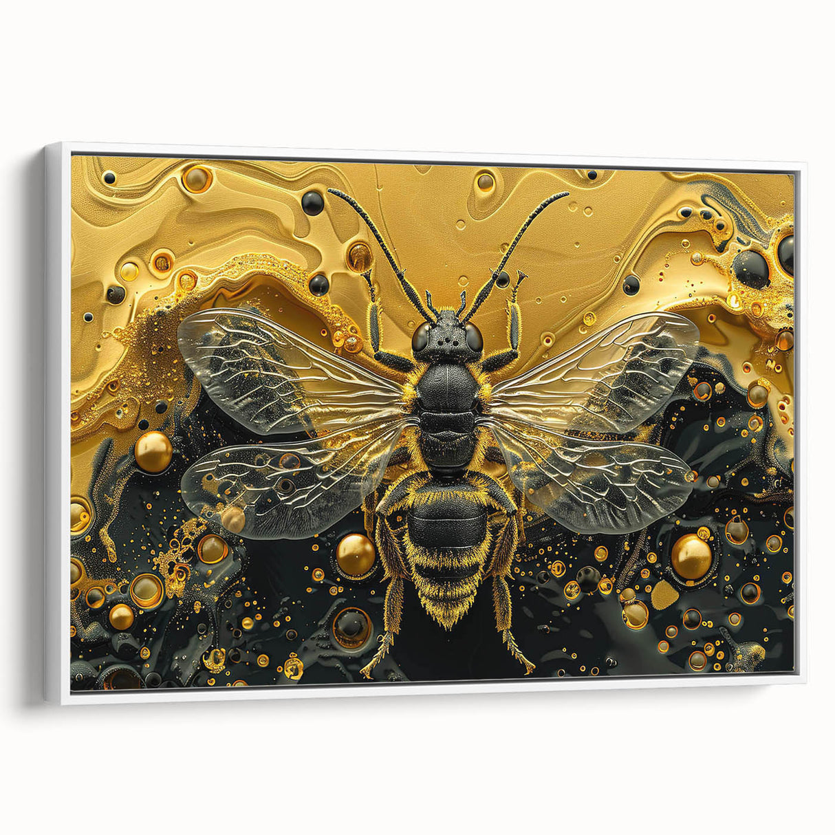 Framed wall art featuring a detailed design of bees and arachnids, showcased in a white frame with a side view. Ideal for nature enthusiasts and home decor.