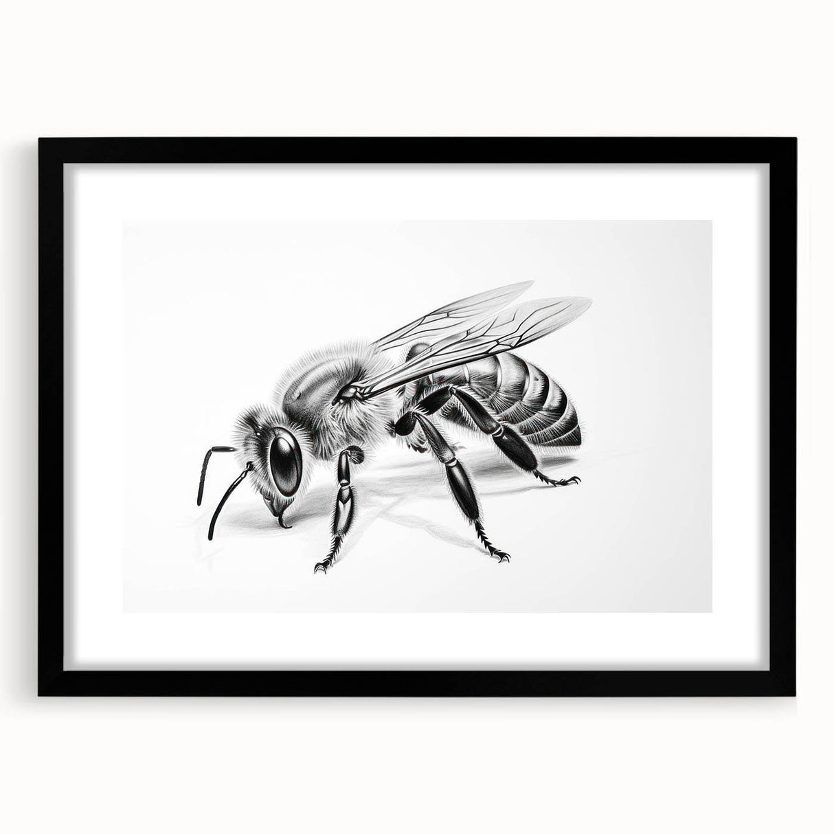 Framed wall art showcasing a detailed design of bees from the Insect and Arachnid collection, featuring a black mat and sleek black frame, ideal for nature enthusiasts.