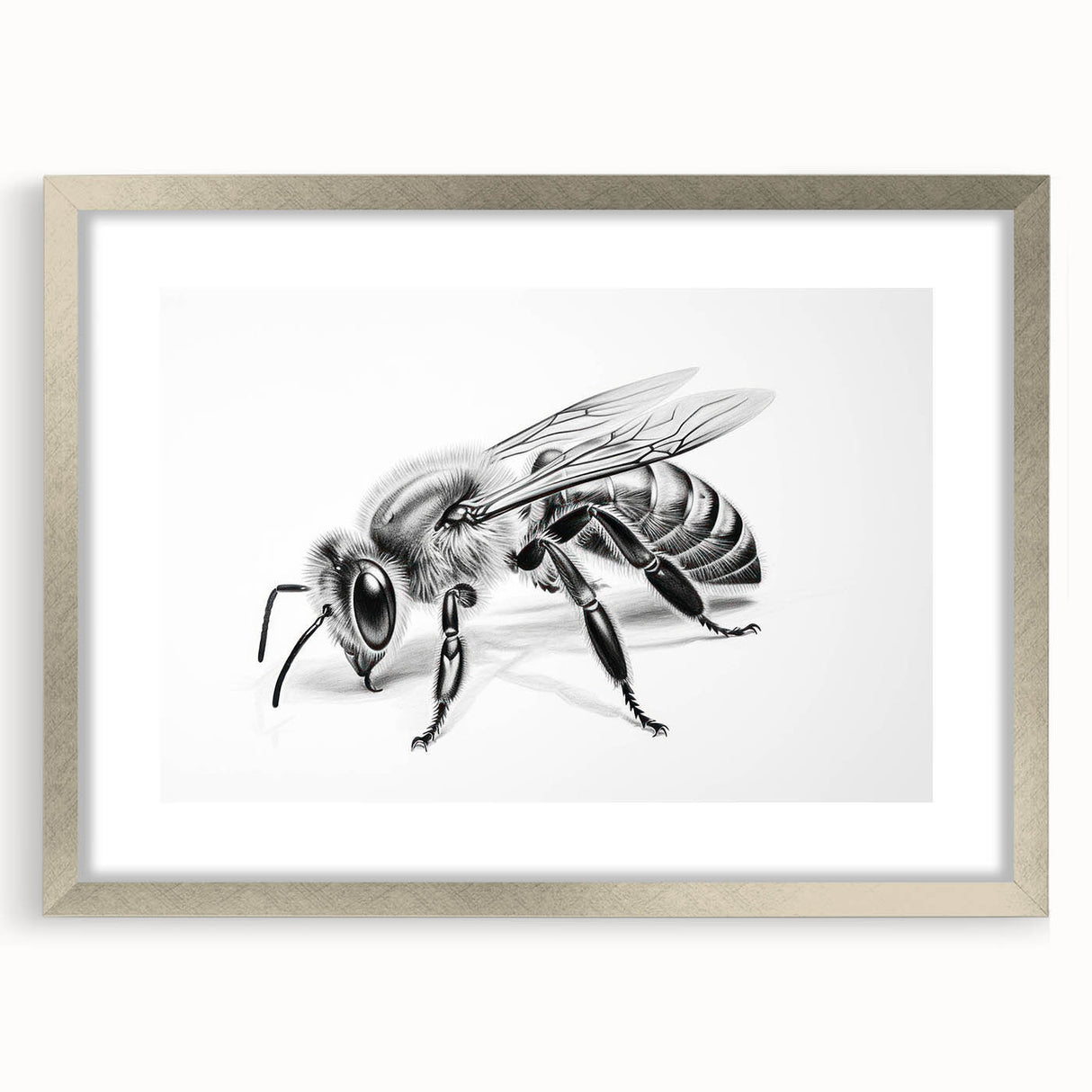 Framed wall art featuring a detailed design of bees and arachnids in a silver frame, showcasing intricate illustrations and a stylish mat, perfect for nature enthusiasts.