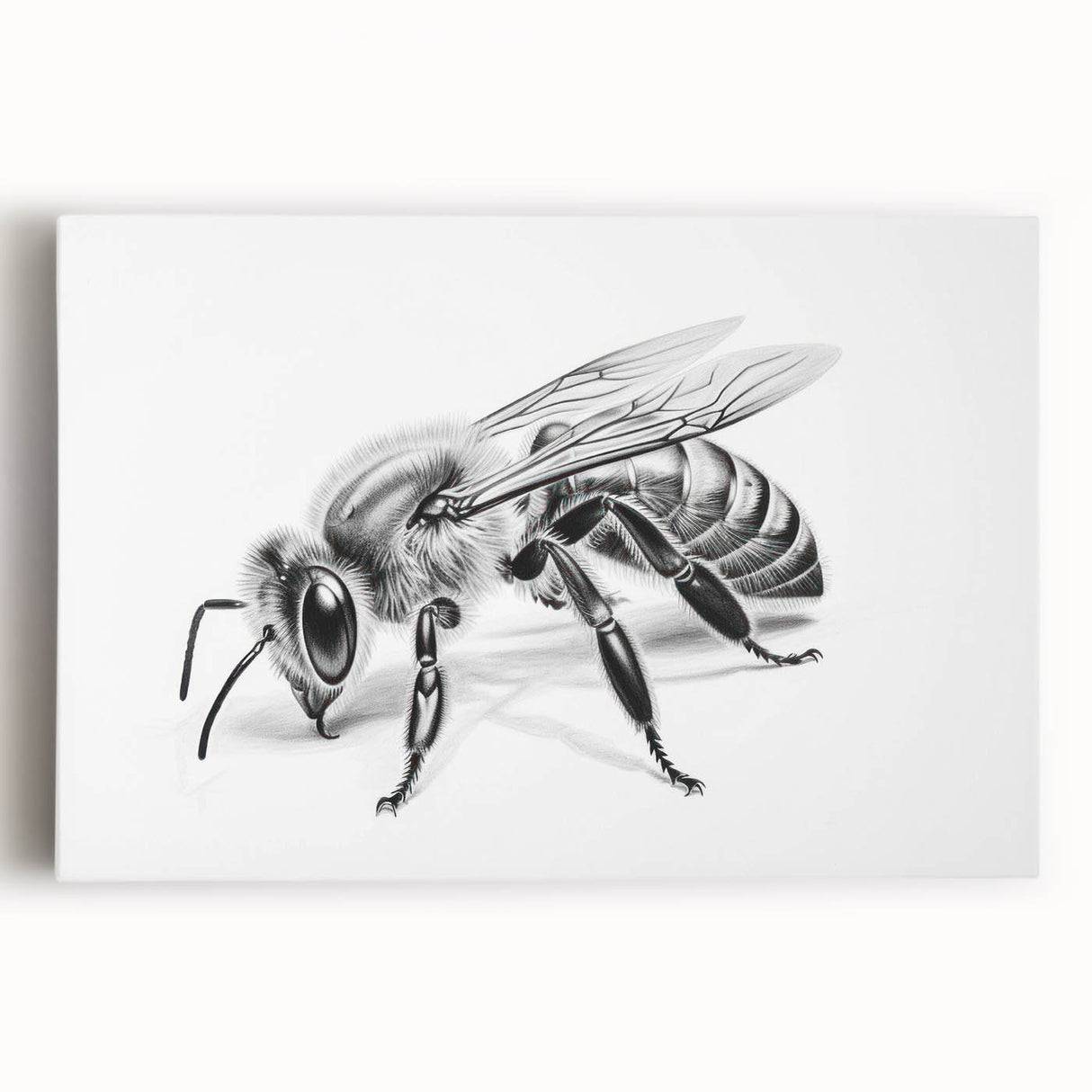 Stretched canvas wall art showcasing a vibrant bee design with intricate details, perfect for insect-themed decor and nature lovers. Ideal for home or office.