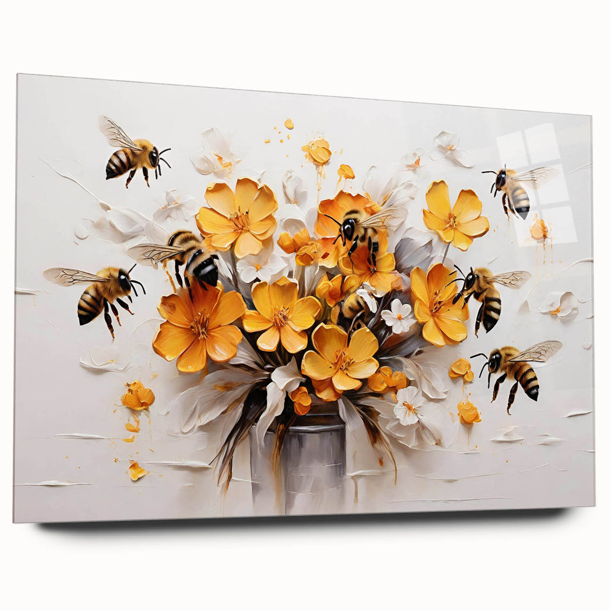 Acrylic glass wall art display featuring a vibrant insect and arachnid bee design, ideal for nature enthusiasts, showcased in a sleek side view without pins.