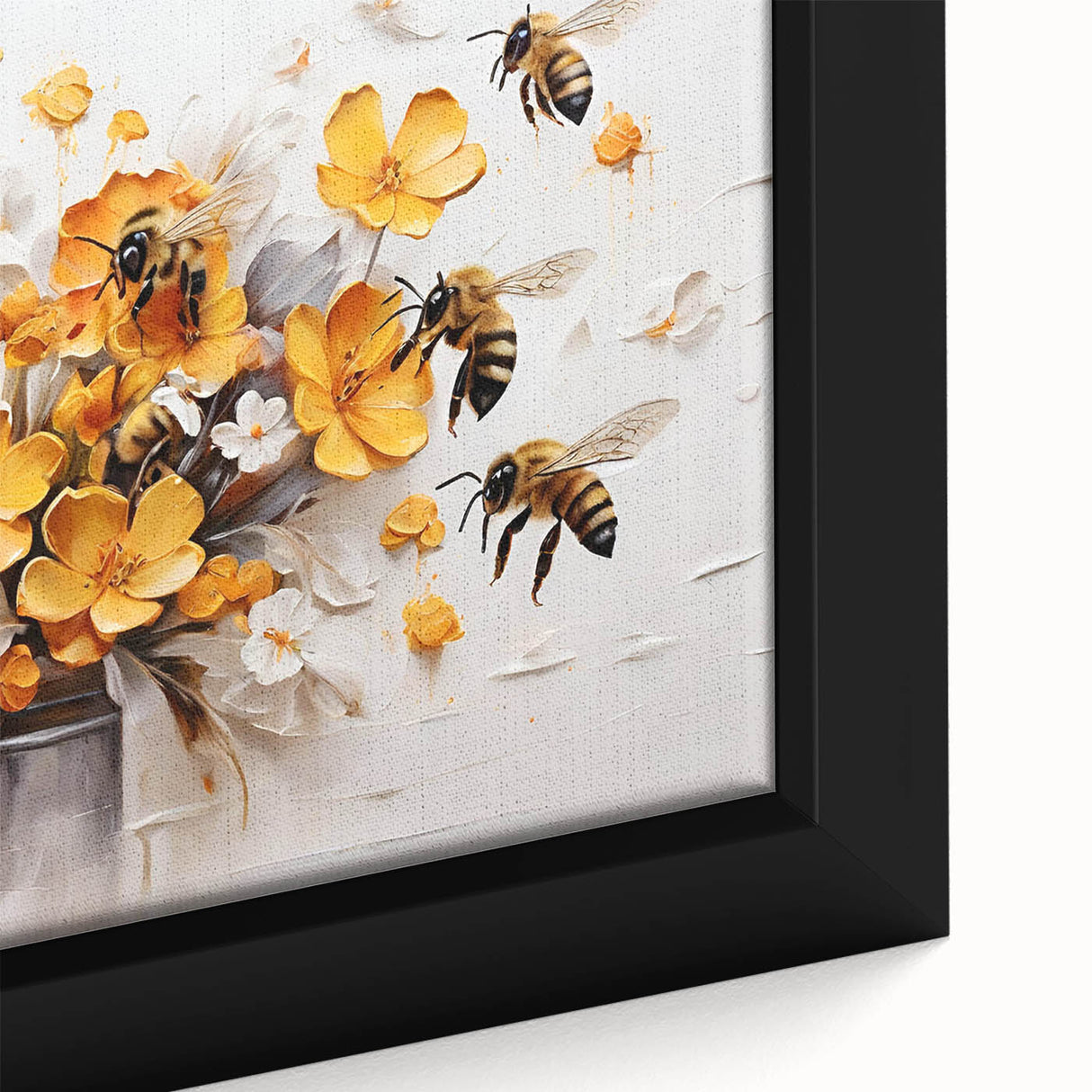 Close-up of a framed canvas wall art piece showcasing a vibrant design of bees, highlighting intricate details and textures, perfect for insect enthusiasts and home decor.
