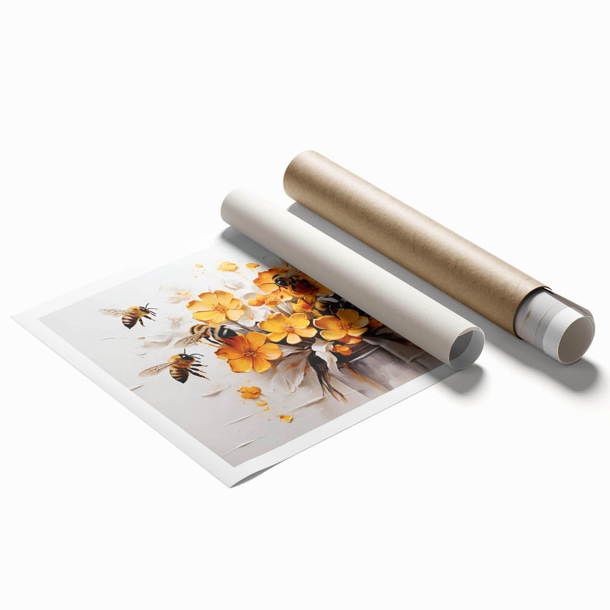 Detailed wall art print showcasing a vibrant bee and arachnid design, featuring intricate illustrations of insects on a rolled canvas, perfect for nature enthusiasts.