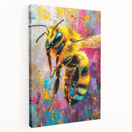 Stretched canvas wall art showcasing a detailed bee and arachnid design in vibrant colors, perfect for nature-inspired home decor or educational settings.