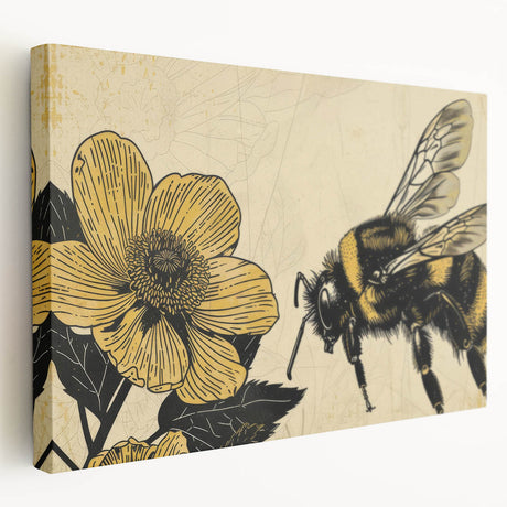 Stretched canvas wall art featuring a vibrant bee design, showcasing intricate details and bright colors against a textured background, perfect for nature lovers.