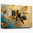 Acrylic glass wall art showcasing a bee and arachnid design, featuring vibrant colors and intricate details, elegantly displayed with decorative pins. Perfect for nature lovers and modern decor enthusiasts.