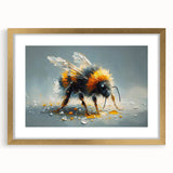 Framed wall art depicting a detailed illustration of bees, showcasing vibrant colors and intricate patterns, set in an elegant gold frame with a mat, ideal for enhancing home decor.