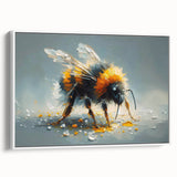 Framed canvas wall art featuring a colorful bee and arachnid design, displayed in a white frame, ideal for adding unique decor to any modern living space.