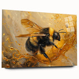 Close-up of a vibrant acrylic wall art piece showcasing detailed bees and arachnids in a colorful design, set against a clear glass background for a modern decor touch.
