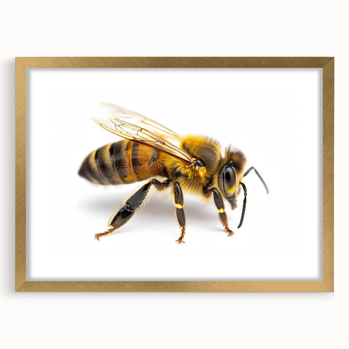 Framed wall art collection showcasing detailed insect and arachnid designs, featuring bees in a gold frame with a white mat, perfect for nature-themed decor.