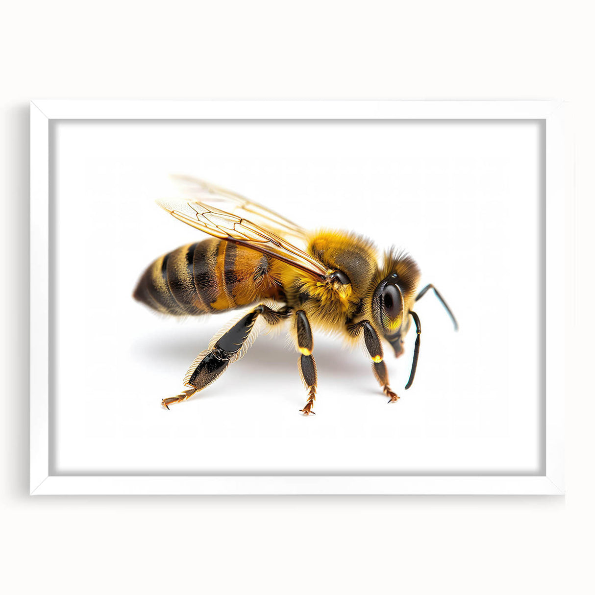 Framed wall art featuring a detailed illustration of various insects and arachnids, including bees, in a sleek white mat, perfect for nature enthusiasts and modern decor.