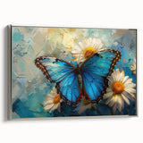 Framed canvas wall art showcasing a vibrant butterfly design, featuring intricate details and a silver frame, ideal for enhancing modern decor with a touch of nature.