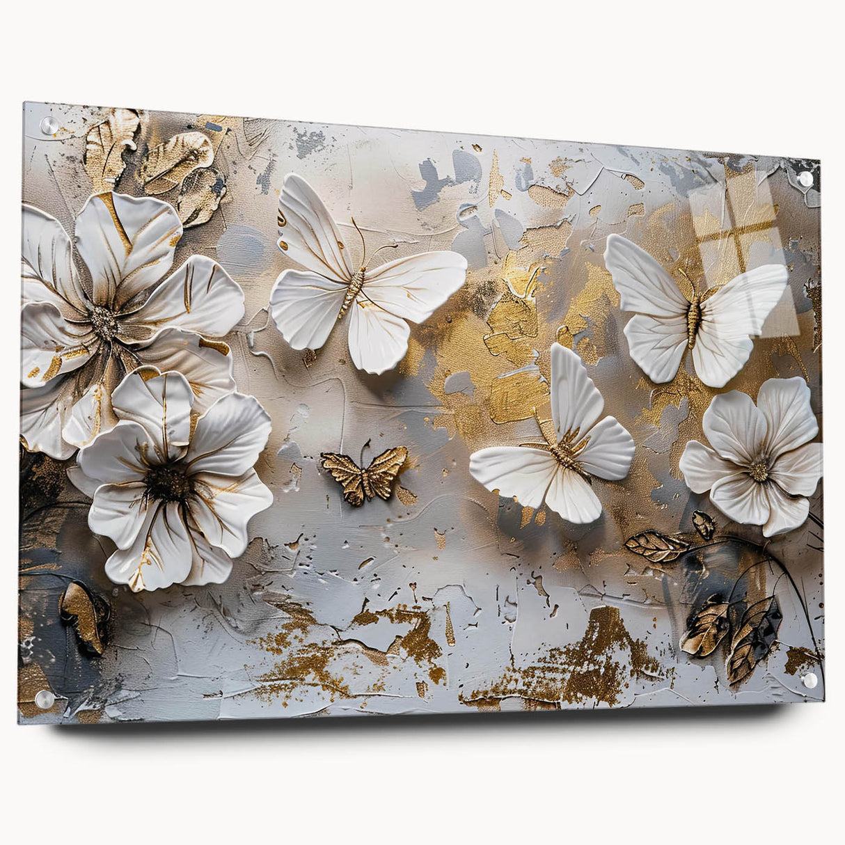 Acrylic glass wall art featuring a vibrant butterfly design, displayed with decorative pins against a stylish backdrop, showcasing intricate details and colors for modern decor.