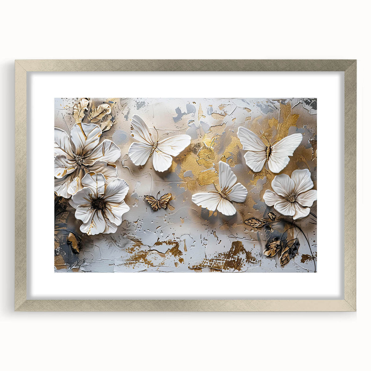 Framed silver wall art showcasing a detailed butterfly and arachnid design, featuring a mat for an elegant presentation, perfect for nature-inspired decor.