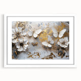 Framed wall art featuring a colorful butterfly and insect design, with a white mat, ideal for nature-themed decor. Perfect for adding vibrant aesthetics to any interior space.