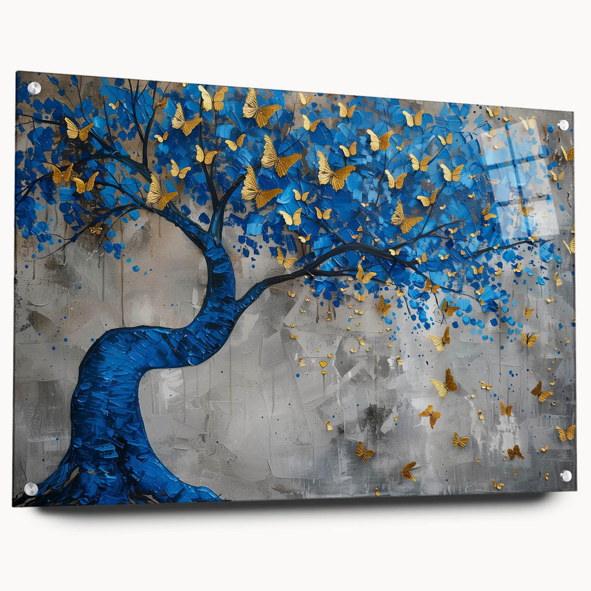 Acrylic glass wall art display featuring a vibrant butterfly design from the Insect and Arachnid collection, showcasing intricate colors and details against a side view background, elegantly mounted with pins for a modern aesthetic.
