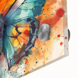 Close-up of a vibrant butterfly wall art design featuring intricate details and vivid colors, printed on acrylic glass, ideal for nature lovers and home decor enthusiasts.