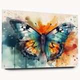 Side view of an acrylic wall art piece showcasing a vibrant butterfly design, featuring intricate details and colorful insect and arachnid motifs, displayed with decorative pins.