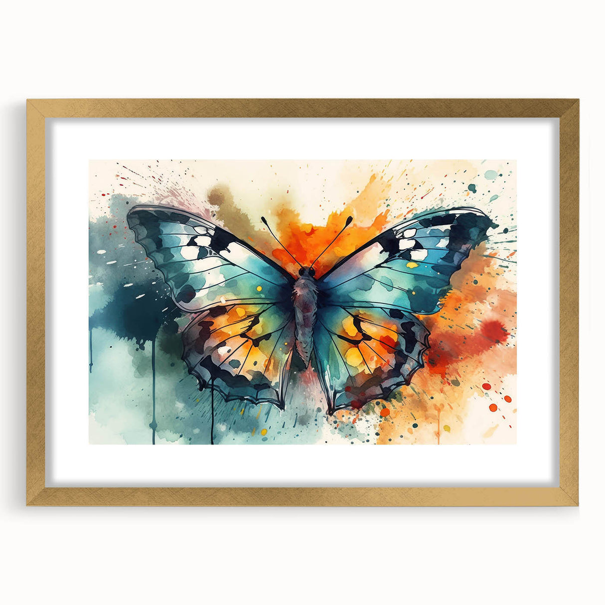 Framed wall art featuring a detailed butterfly design with insect and arachnid motifs, set in a golden frame with a mat, showcasing vibrant colors and intricate patterns.